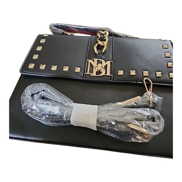 Badgley Mischka NWT monogram Bag black gold hardware studs Vegan leather - Picture 5 of 15
